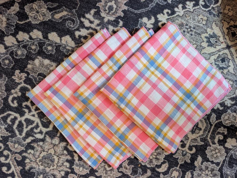 Set of 4 cottagecore grandma coastal pink blue plaid cloth napkins 17 x 17